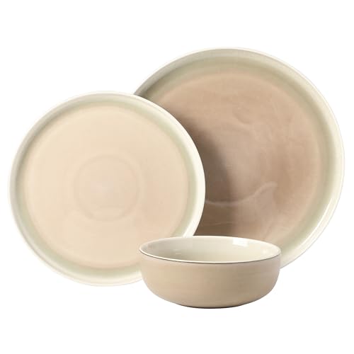 Image of Gibson Elite Island Bay 12-Piece New Bone China Dinnerware Set Service for 4, Reactive Glaze Plates and Bowls, Dishwasher and Microwave Safe, Cream and Green