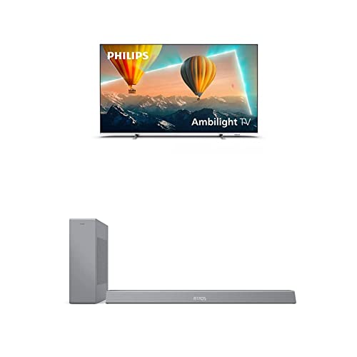 フィリップス 65PUS8057/12 LED TV Android TV UHD 65 インチ 4K、3 サイド アンビライト、ピクセル精度 Ultra HD、ドルビー ビジョン + サウンド バー、ワイヤレス サブウーファー付き B8505/10、シルバー