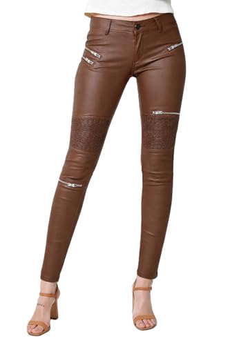 Crazy Lover Pantalones de Piel sintética para Mujer - Pantalones de Motociclista de Cintura Media con Cremalleras, Corte Ajustado (M, Marrón Oscuro)
