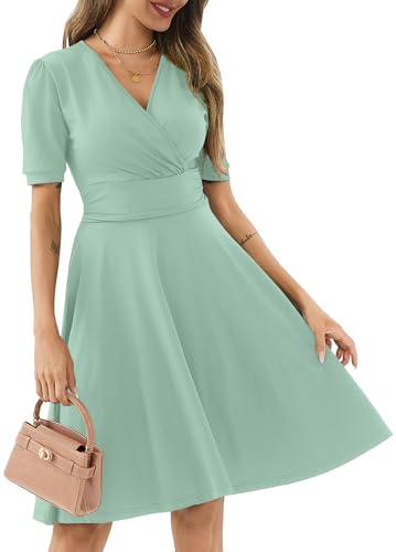Image of Women's Summer Casual Dress Short Sleeve Wrap V-Neck A-Line Dress Sundress Wedding Guest Cocktail Midi Dresses