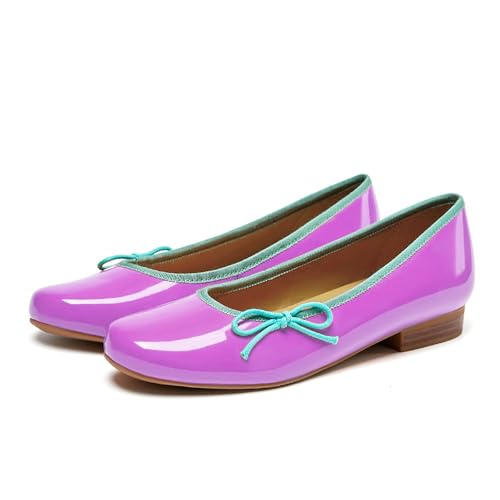 Lutalica W Women's Vintage Round Toe Patent Leather Two-Toned Comfort Dress Bow Ballet Flats Shoes2