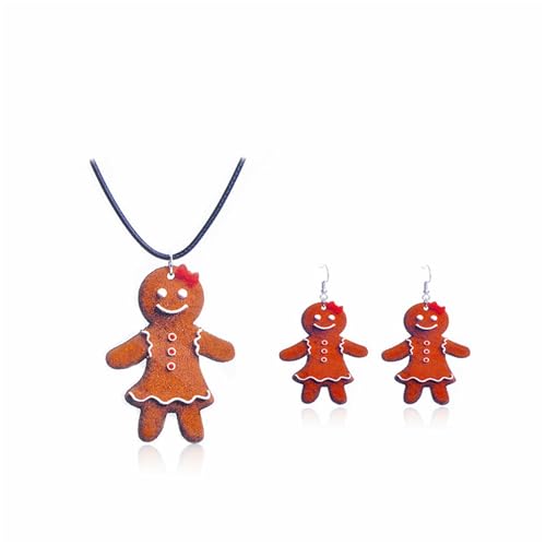Wooden Christmas Gingerbread Dangle Drop Earrings Necklace Lightweight Handmade Fun Cartoon Christmas Gingerbread Man Cookie Jewelry Sets for Women Xmas Winter Festival Holiday Party Jewelry Gifts (Red)