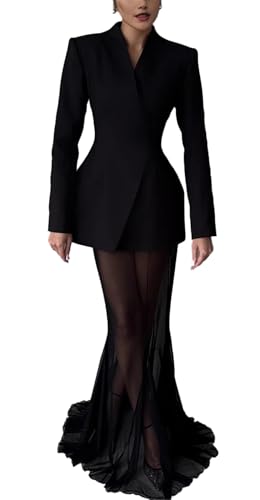 Womens Sexy 2 Pieces Solid Color Blazer Top Stretch Mesh See Through Dress Business Dress Set