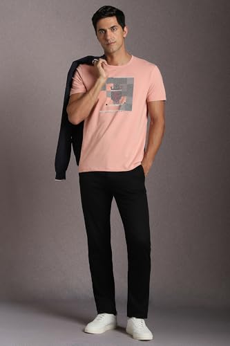 Image of Louis Philippe Men's Slim Fit Jersey Half Sleeve Crew Neck Tshirt with Stretch Graphic Print Brand Carrier on Chest