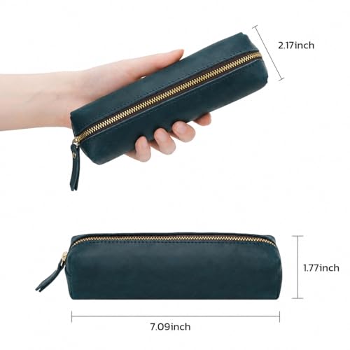 Image of ECHSRT Small Genuine Leather Pencil Pouch for Adults, Blue | Crazy Horse Leather Finish, Compact Writing Instrument Storage