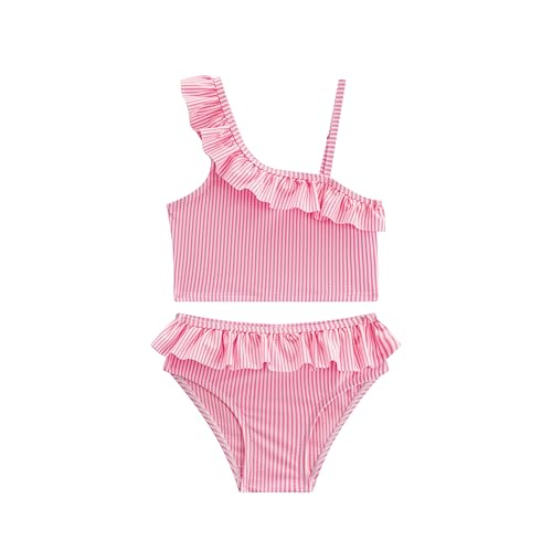 LIZENS Girls Two Piece Swimwear Ruffle Trim Swimsuit 2-12Years Flounce Striped One Shoulder Beach Bathing Suit Adjustable Strap?BDG18201,7-8T Pink