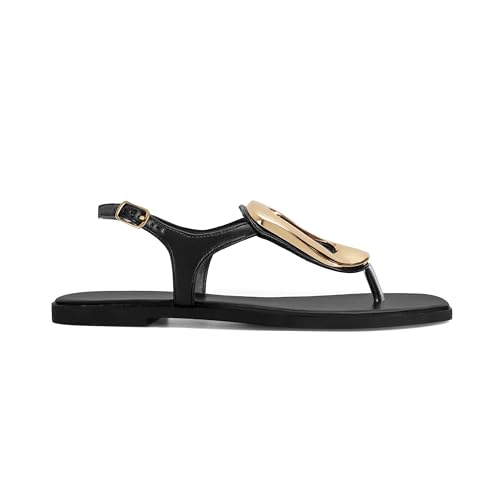 Image of Wnshonzy Flip-Flops Sandals Flat for Women Thong Black Leather Slingback Strappy Buckle Beach Comfort Open Round Toe Ladies Dressy Decoration Summer Shoes Casual Fashion
