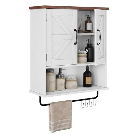 Smart FENDEE Bathroom Wall Cabinet, Farmhouse Medicine Cabinet with Towel Bar & Hooks, Wall Mounted Cabinet with Adjustable Shelf, White Bathroom Cabinet Wall Mount for Laundry Cover