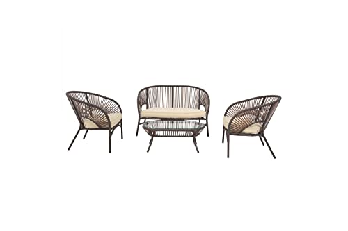 Image of DEVOKO 4 Piece Outdoor Patio Handwoven Rope Sofa Conversation Set with Cushioned Chair & Glass Top Table for Garden, Pool, Porch, Deck, Backyard (Dark Brown & Cream)
