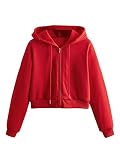 DIDK Damen Sweatjacke Bauchfrei Kapuzenpullover Langarm Kurz Hoodie Sweatshirt Crop Pullover Kapuzenjacke Cropped Jacke mit Kordel Rot S