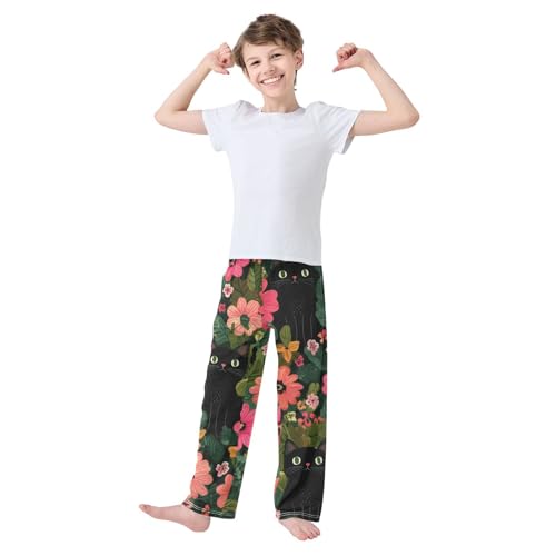 Cat Tropical Flowers Boys Long Pants Soft Trousers Elastic Waist Kids Lounge Bottoms with Pockets S-XL3