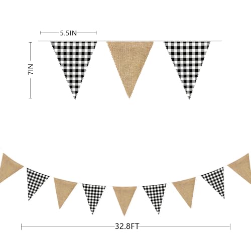 Image of 26Ft Black Gingham Plaid Burlap Banner Black Checkered Burlap Pennant Triangle Flag Garland Streamers Vintage Wall Hanging for Rustic Birthday Wedding Baby Shower Boho Picnic Camping Christmas Decor