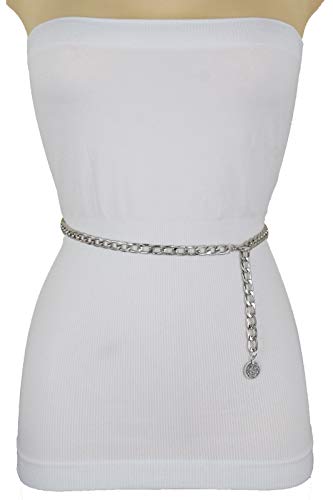 TFJ Women Skinny Belt Hip High Waist Metal Chain Link Ethnic Coin Charm M L XL Silver3