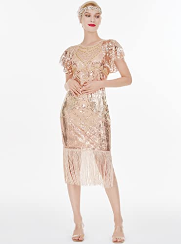 Image of 1920s Knee Length Flapper Party Dress Layer Tassels Hem Sequined Cap Sleeve Cocktail Dresses