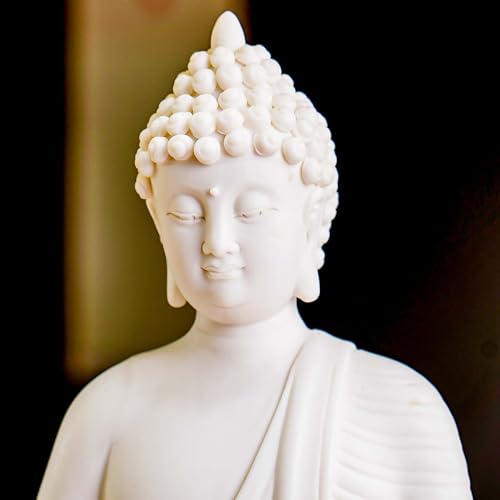 Houlu White Buddha Statue with Green Artificial Tree and LED Circle Table Lamp, Indoor Ceramic Buddha Statues for Home Decor, 16.5 in