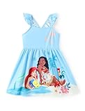 Disney Princess Moana Ariel Toddler Girl Dress Blue Ocean Print Ruffle Sleeve Crossback Strap Sundress Birthday Summer Hawaii Outfits 5-6Y