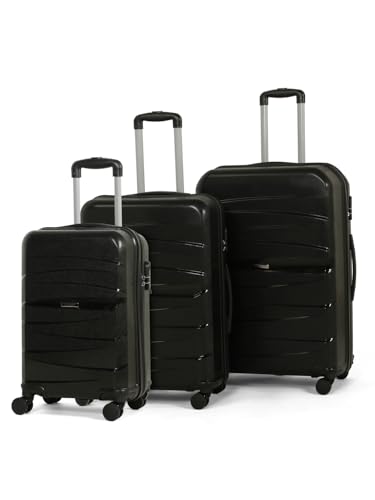 Image of Teakwood Small-Medium-Large Size 8 Wheels Trolley Bag, Hard Cabin with Zipper Closure, Adjustable Push Button & TSA Lock System 360 Degree (Set of 3, Black)