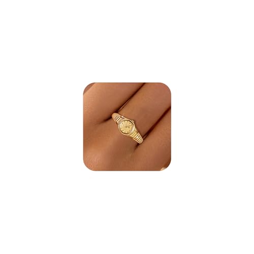 LOVECOM 14k Gold Plated Fake Watch Clock Finger Rings for Women (Gold)