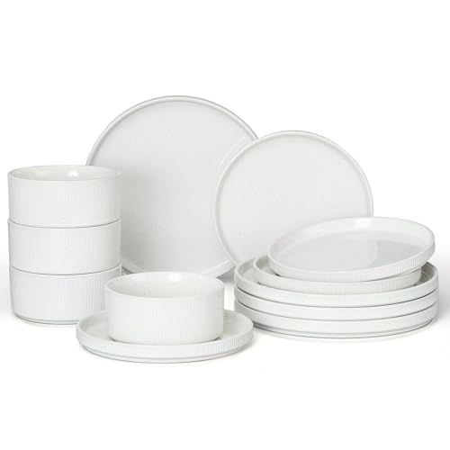 E-far 12-Piece Plates and Bowls Sets, Stoneware Dinnerware Dishes Sets for 4, Kitchen Modern Dining Dishware, Chip & Scratch Resistant, Microwave & Dishwasher Safe, Speckled White