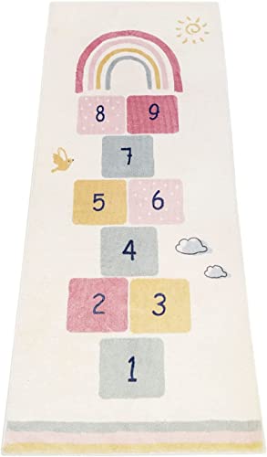 U'Artlines 70x160cm Kinder Hopscotch Teppich Ultraweiche pädagogische Teppiche für Kinder rutschfeste Spielteppiche Rechteckige Kinderteppiche für Schlafzimmer Spielzimmer (Beige)