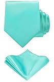 TIE G Solid Satin Woven dyed Color Formal Black Necktie and Pocket Square Sets in Gift Box (Aqua)