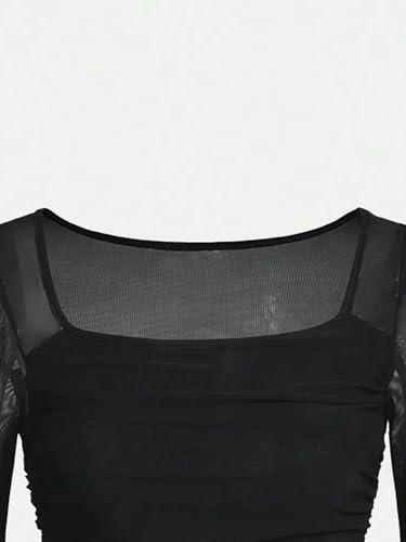 Image of Floerns Girls Bell Long Sleeve Square Neck Asymmetrical Hem Mesh Ruched Crop Tops Tees