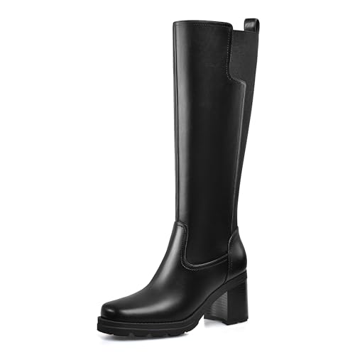 Knee High Boots Women, Stretch Calf Platform Lug Sole Long Boots, Square Toe Chunky Heel Tall Boots with side Zipper