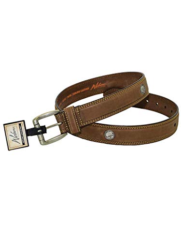 WEBER'S PREMIER LEATHER Brown Double Stitch Genuine Leather Men’s Belt with Bass Concho