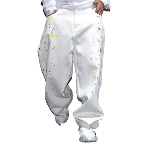 Men’S Trendy Hip Hop Splash-Ink Painted Baggy Straight Skateboard Denim Pants Button Fly Midweight Full Length Jeans