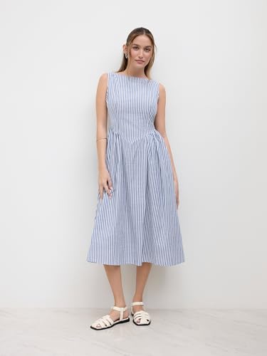 CIDER Summer Striped Ruffle Maxi Dress Boat Neck Regular Fit Mid Waist Casual Woven Short Sleeve2