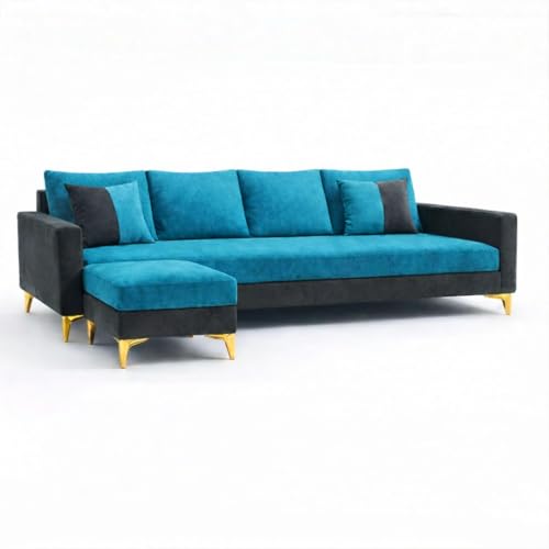 Image of Classiq Rich 5 Seater L Shape Sofa Set with Movable Ottoman | Flexible Layout | Spacious Soft Touch Seating | Designer Sofa for Living Room (Dark Grey & Aqua Blue)