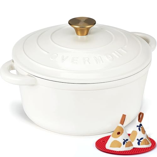 Image of Overmont Enameled Cast Iron Dutch Oven - 4.5QT Pot with Lid Cookbook & Cotton Potholders - Heavy-Duty Cookware for Braising, Stews, Roasting, Bread Baking PearlWhite