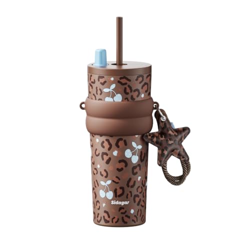 Sidagar 24oz Insulated Tumbler with Straw, Leakproof Travel Cup, Leo Brown