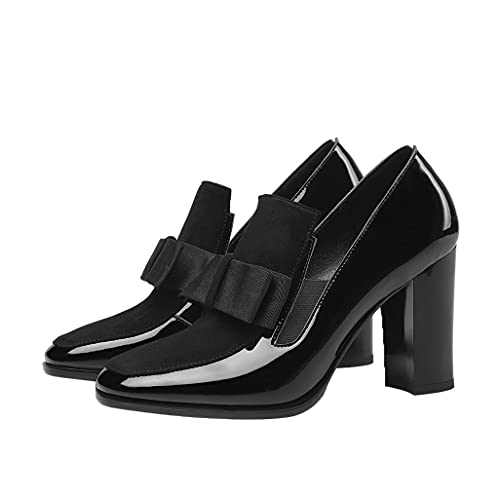 Shinelly Women High Heel Chunky Loafers Patent Leather Pumps with Bow