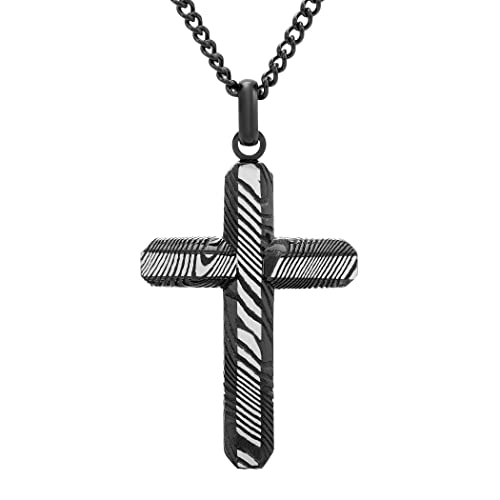 Boston Bay Diamonds Men's Cross Pendant Necklace in Damascus 316L Stainless Steel on 24