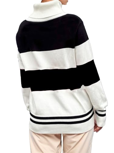 Image of Women Stripe Sleeve Sweaters Turtleneck Warm Sweaters Apres Ski Patchwork Colorblock Tops Winter Outfits