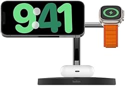 Belkin 3 in 1 MagSafe充電器 最大15W高速充電 ワイヤレス充電器 MagSafe公式認証 iPhone 15 / 14 / 13 / 12 Apple Watch 8/7/Ultra 高速充電対応 