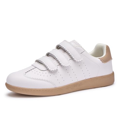 Teyiwow Sneakers for Women Lightweight Tennis Shoes Fashion Vegan Leather Hook & Loop Sneakers Non-Slip Walking Shoes(9,White-Hook & Loop)