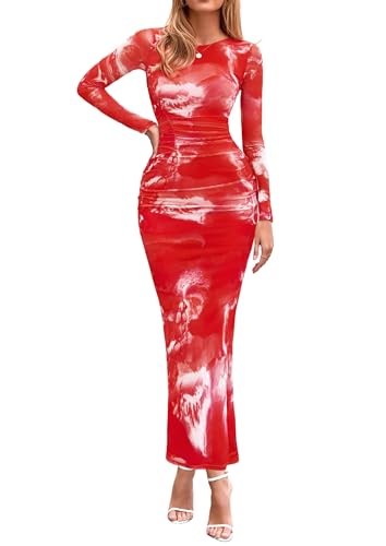 PRETTYGARDEN Fall Wedding Guest Dresses for Women 2025 Long Sleeve Ruched Sexy Bodycon Floral Mesh Cocktail Party Maxi Dress