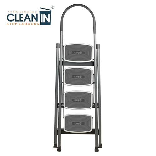 Image of CLEAN IN 4 Step Premium Foldable Household Steel Ladder ~ for Home, Garage, Kitchen. Wide & Anti-Skid Steps, 150 kg Load Capacity, Reinforced Hinges ~ (Shades of Grey)
