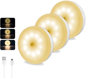 Image of ECOBSY Motion Sensor Light for Home Indoor Outdoor, Rechargeable Adhesive Led Night Light for Kitchen Cabinet Cupboard Stairs Wardrobe, Battery Operated, Automatic On Off (Round - Warm White, 3)