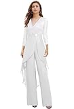Floral Chiffon Pants Suits for Women Dressy Wedding Long Sleeves Mother of The Bride Pantsuits White Wedding Dresses for Women 2025 US8
