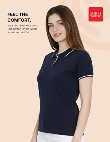 Image of Scott International Women's Cotton Polo T-Shirt | Half Sleeve Plain Collar Tee | Stylish Casual Top | Plain T-Shirt for Girls | Workwear for Office & Casual Wear