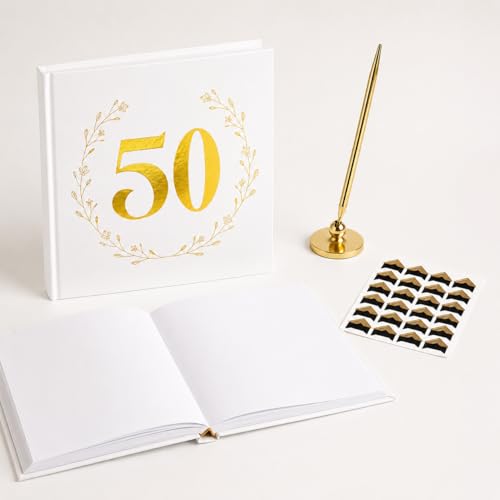 Image of Calculs 50th Birthday or Anniversary Guest Book, Gold Photo Album | 8.5-inch square hardcover keepsake book, 32 blank sheets for messages and instant photos, pen included