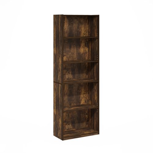 Image of Furinno GEHRY Book Shelf, 5-Tier Bookshelf, Bookcase, with Adjustable Shelves, 11.6 x 24.8 x 71.4, for Home Office, Living Room, Amber Oak