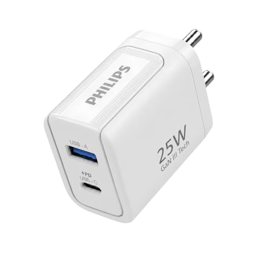 Image of Philips DLP4321NW /94 Gen III Tech 25W Fast Charging Wall Charger (Alba White) | USB-C PD + USB-A | 2-Port Multi-Device Charger for Smartphone, Tablet, Earbuds & Accessories | Compact Travel Adapter