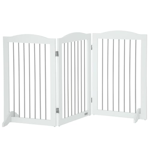 PawHut Cancellino per Cani Pieghevole a 3 Pannelli, Cancello per Cani con 2 Sostegni in MDF e Acciaio, 154x30x80 cm, Bianco