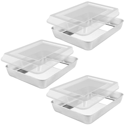 STARVAST 3 Stück Kuchenform Tief Backblech mit Deckel 31x24x5 cm Edelstahl Rechteckig Ofenblech Kuchenblech Fettpfanne zum Backen Kochen Ideal für Brownie Kuchen Lasagna Spiegelfinish & Spülmasch