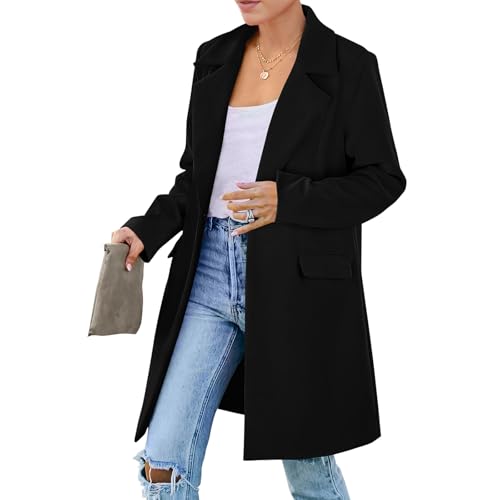 Women's 2024 Fall Long Blazer Jackets Elegant Blend Wool Pea Coat Long Sleeve Notch Lapel One Button Outerwear