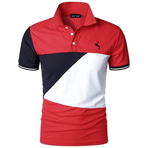 HOOD CREW Man’s Fashion Polo Shirts Short Sleeves Collared T Shirt Color Block Sports Golf Polos Red XL Cover